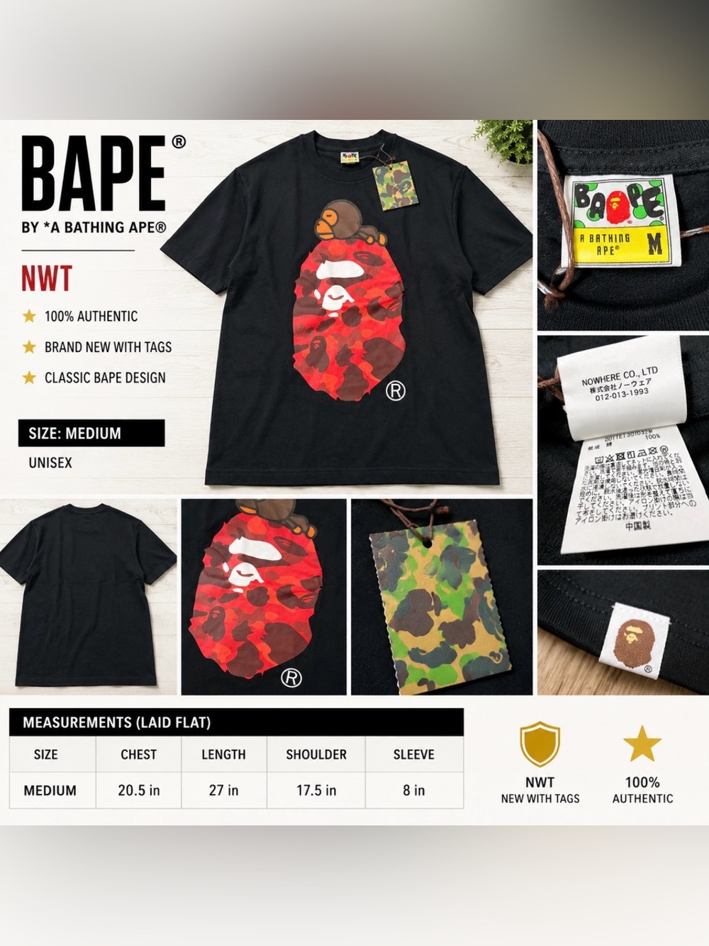 BAPE A Bathing Ape Red Camo Ape Head T-Shirt Black Size Medium NWT